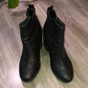 H&M Black Leather Block Heel Ankle Booties with Side Zip